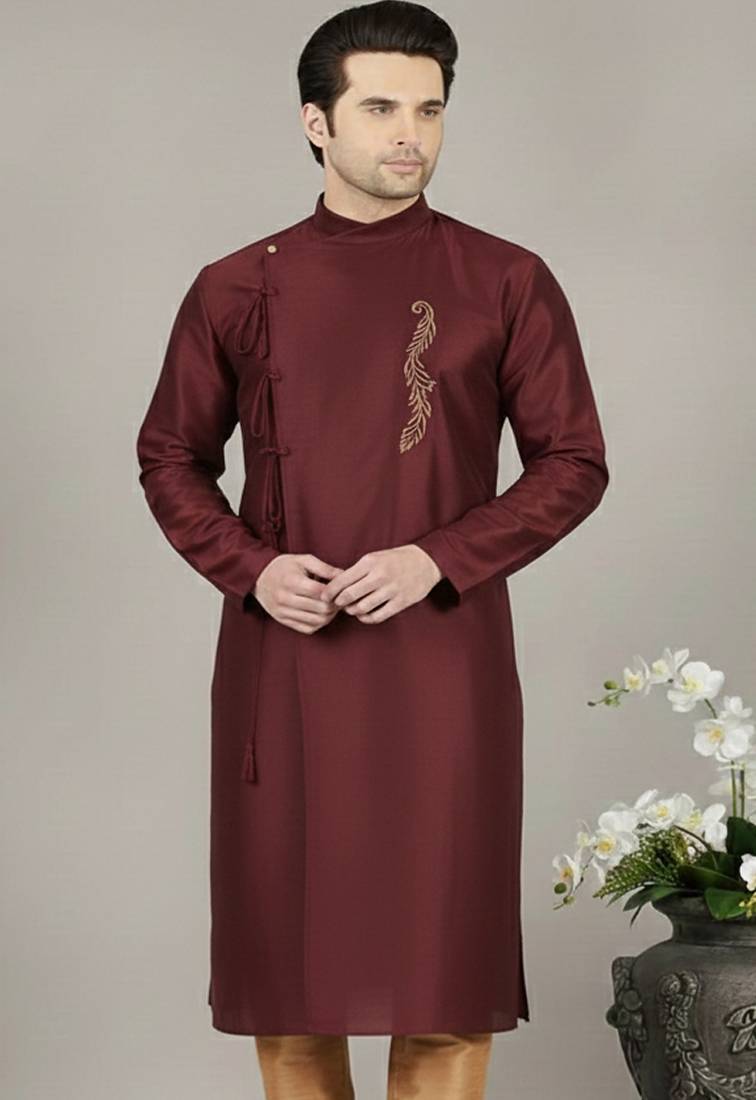 Maroon embroidered dupion silk kurta