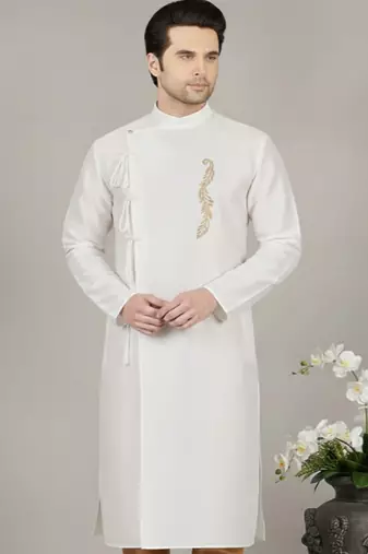 White embroidered dupion silk kurta