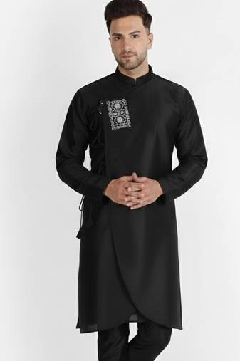 Black embroidered dupion silk kurta