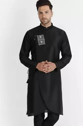 Black embroidered dupion silk kurta