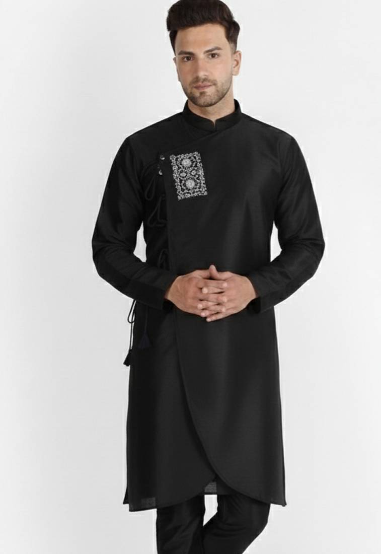 Black embroidered dupion silk kurta