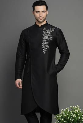Black embroidered dupion silk kurta 1