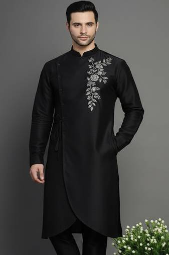 Black embroidered dupion silk kurta