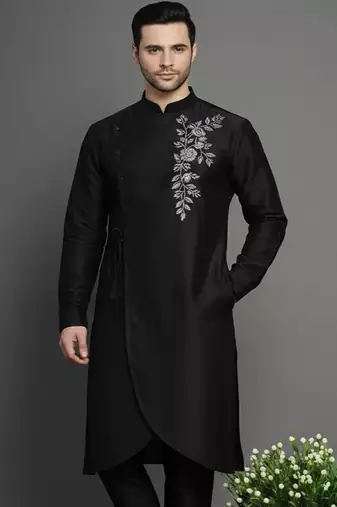Black embroidered dupion silk kurta