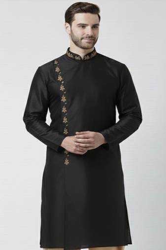 Black embroidered dupion silk kurta