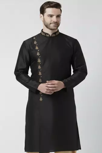 Black embroidered dupion silk kurta