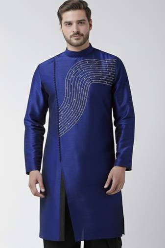 Royal blue embroidered dupion silk kurta