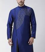 Royal blue embroidered dupion silk kurta