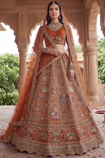orange bridal embroidered silk lehenga set with double dupatta