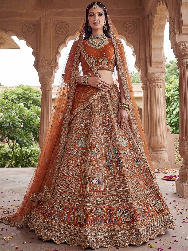 Great Orange Embroidered Silk Bridal Lehenga Choli With Double Dupatta