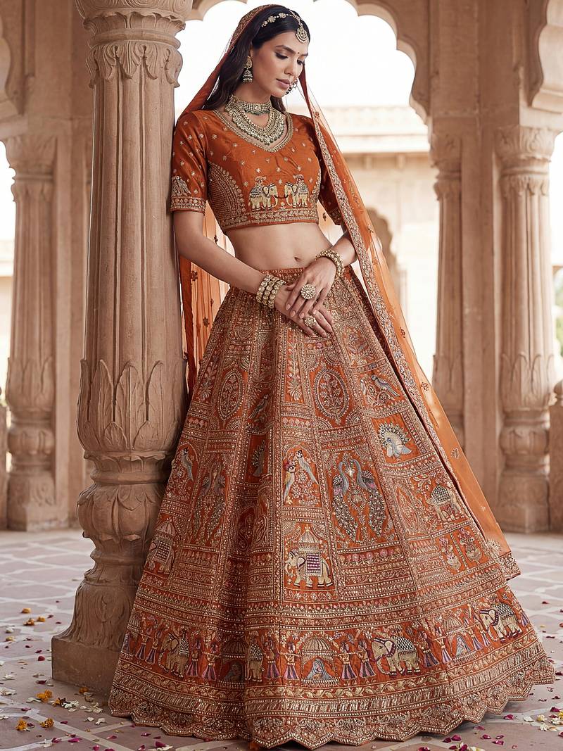 Great Orange Embroidered Silk Bridal Lehenga Choli With Double Dupatta