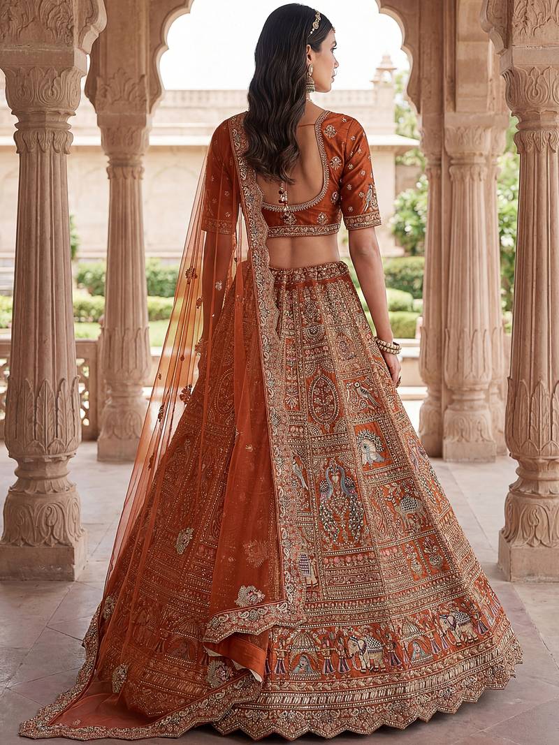 Great Orange Embroidered Silk Bridal Lehenga Choli With Double Dupatta