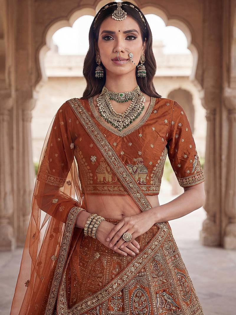 Great Orange Embroidered Silk Bridal Lehenga Choli With Double Dupatta