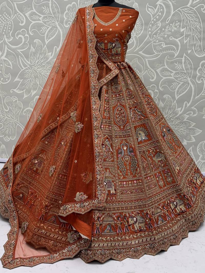 Great Orange Embroidered Silk Bridal Lehenga Choli With Double Dupatta