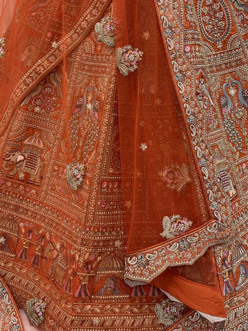 Great Orange Embroidered Silk Bridal Lehenga Choli With Double Dupatta