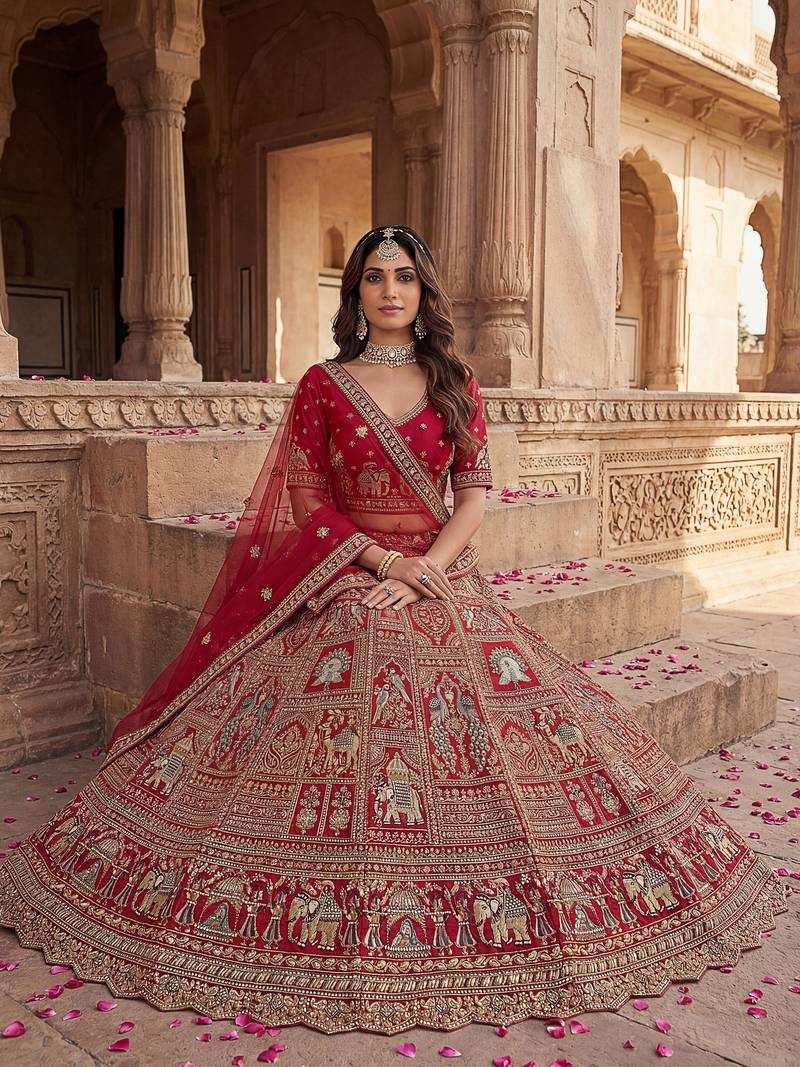 Classic Red Embroidered Silk Bridal Lehenga Choli With Double Dupatta
