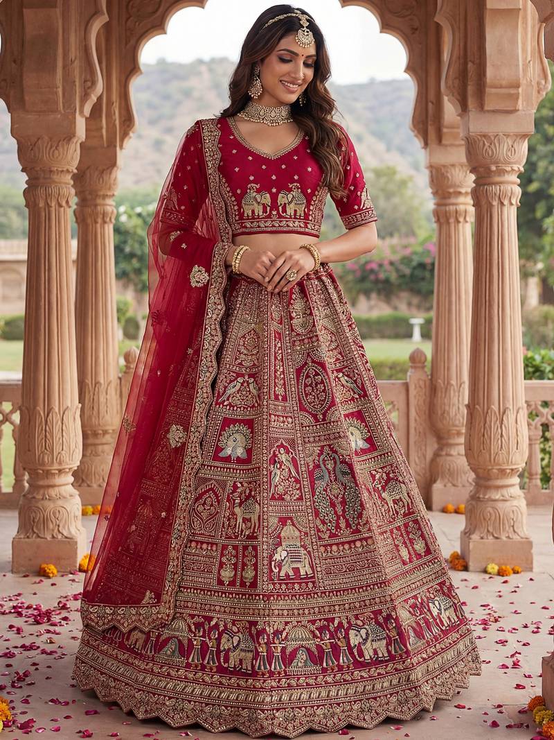 Classic Red Embroidered Silk Bridal Lehenga Choli With Double Dupatta