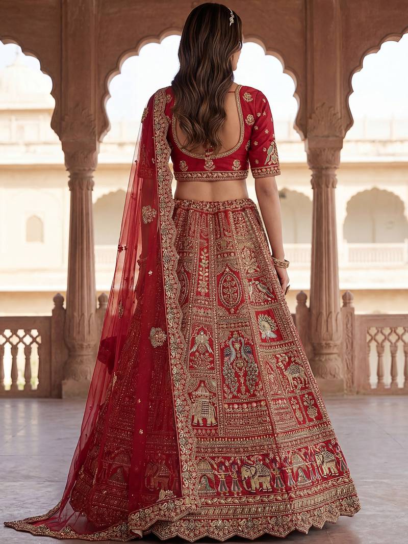Classic Red Embroidered Silk Bridal Lehenga Choli With Double Dupatta