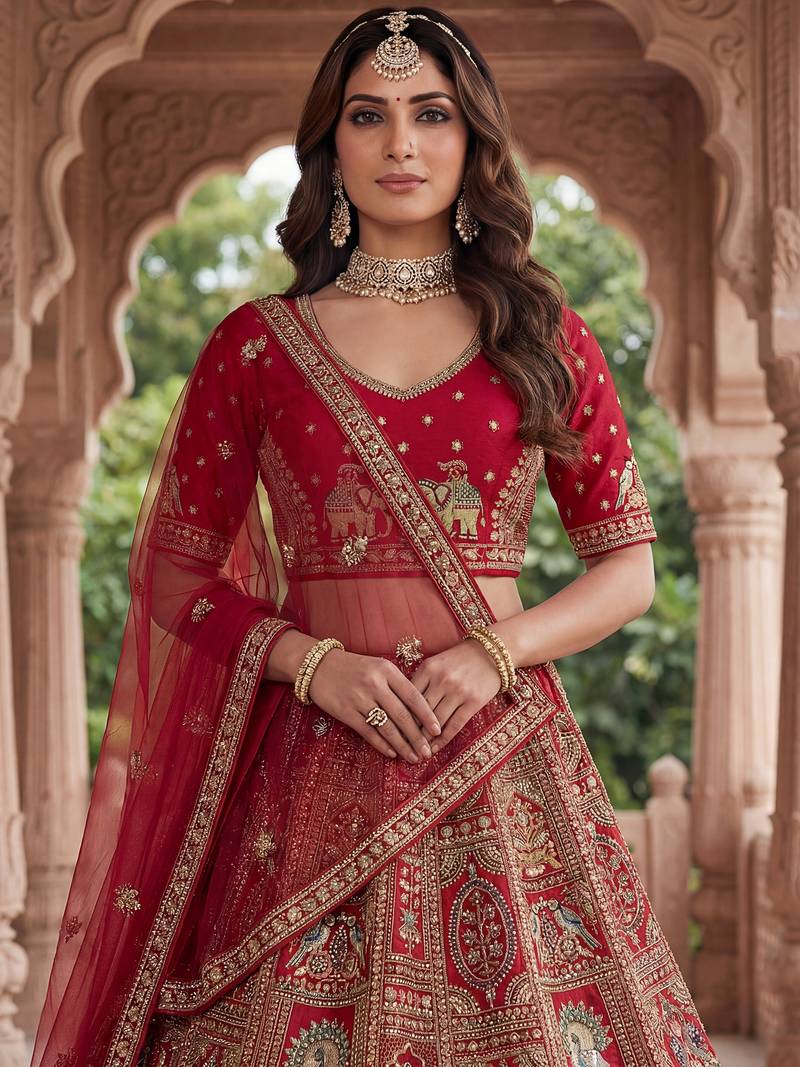 Classic Red Embroidered Silk Bridal Lehenga Choli With Double Dupatta