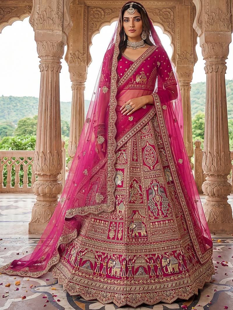 Lovely Pink Diamond Work Silk Bridal Lehenga Choli With Double Dupatta