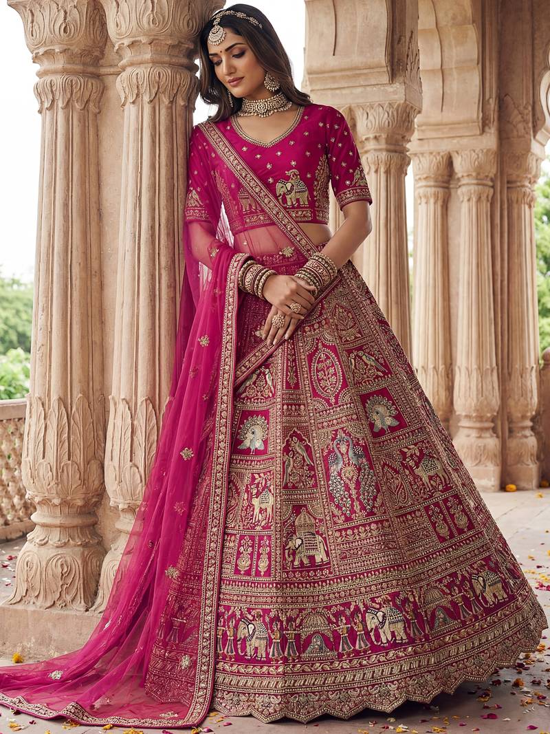 Lovely Pink Diamond Work Silk Bridal Lehenga Choli With Double Dupatta