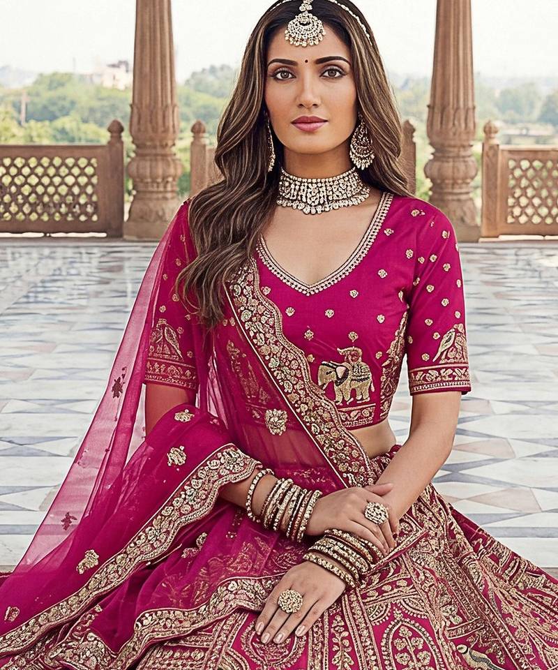 Lovely Pink Diamond Work Silk Bridal Lehenga Choli With Double Dupatta