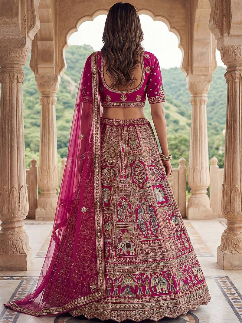 Lovely Pink Diamond Work Silk Bridal Lehenga Choli With Double Dupatta