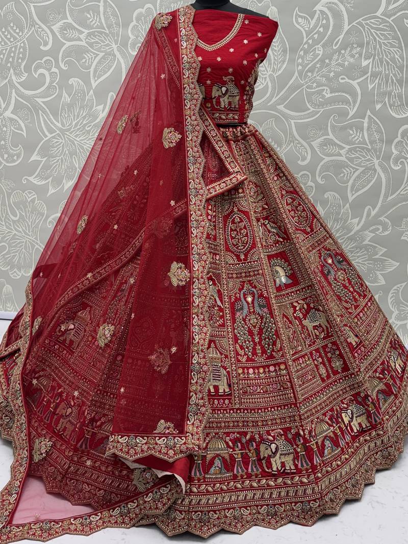 Classic Red Embroidered Silk Bridal Lehenga Choli With Double Dupatta