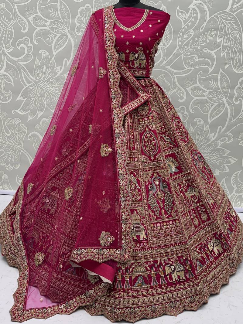 Lovely Pink Diamond Work Silk Bridal Lehenga Choli With Double Dupatta