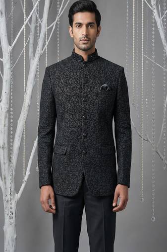 Black thread work bandhgala with collar hand embroidery