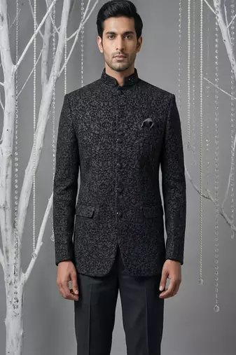 Black thread work bandhgala with collar hand embroidery