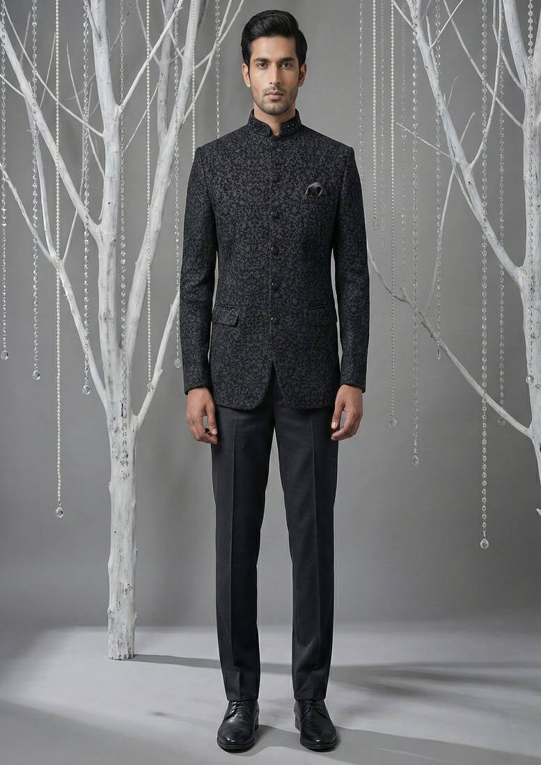 Black thread work bandhgala with collar hand embroidery