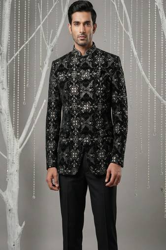 Black thread and sequins embroidered bandhgala