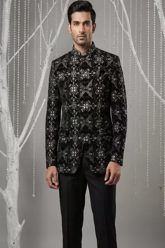 Black thread and sequins embroidered bandhgala