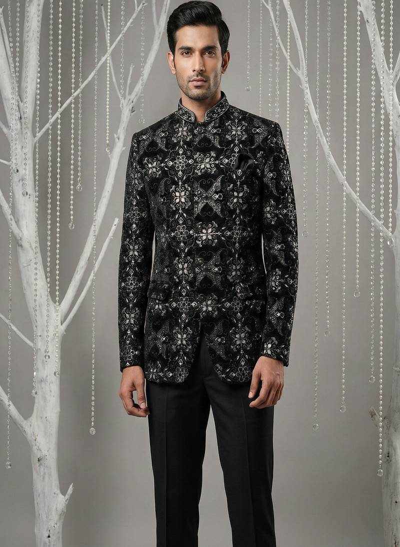 Black thread and sequins embroidered bandhgala