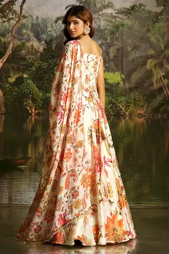 lehenga set cream floral silk corset blouse & dupatta