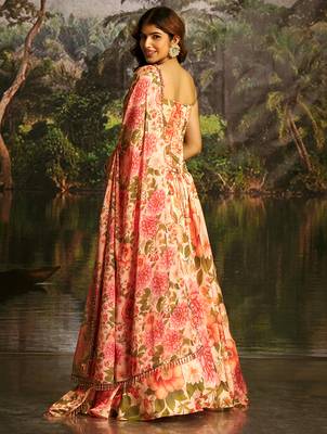 pink floral organza umbrella lehenga with corset blouse & dupatta 3