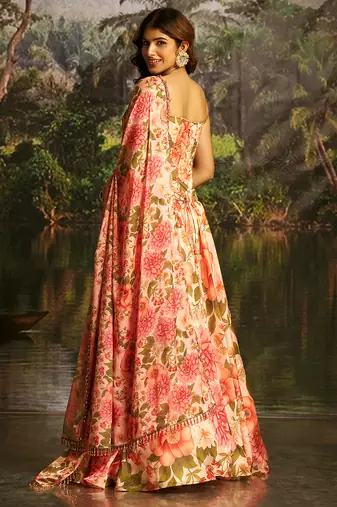 pink floral organza umbrella lehenga with corset blouse & dupatta