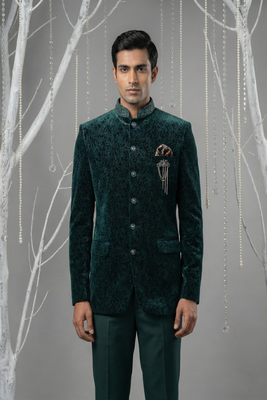 Teal green printed bandhgala with collar embroidery on velvet 1