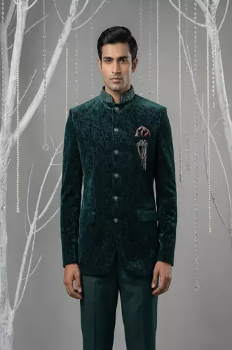 Teal green printed bandhgala with collar embroidery on velvet