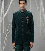 Teal green printed bandhgala with collar embroidery on velvet