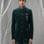 Teal green printed bandhgala with collar embroidery on velvet