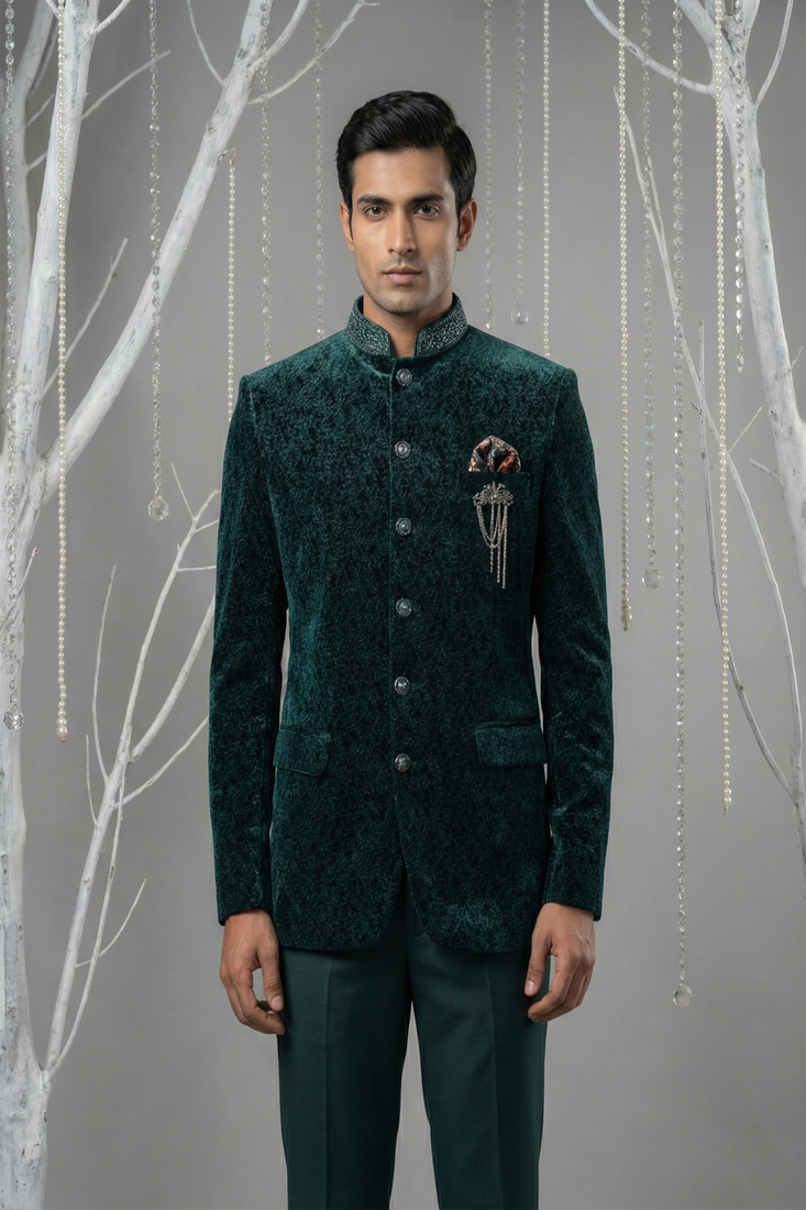 Teal green printed bandhgala with collar embroidery on velvet