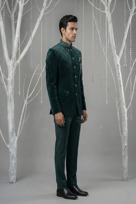 Teal green printed bandhgala with collar embroidery on velvet 2