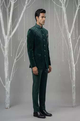 Teal green printed bandhgala with collar embroidery on velvet