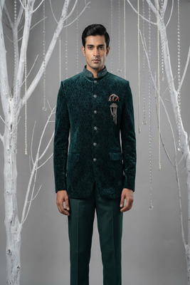 Teal green printed bandhgala with collar embroidery on velvet 3
