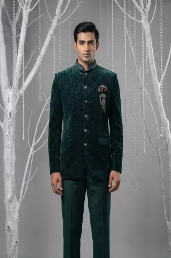 Teal green printed bandhgala with collar embroidery on velvet