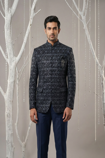 Navy thread embroidered bandhgala  on velvet