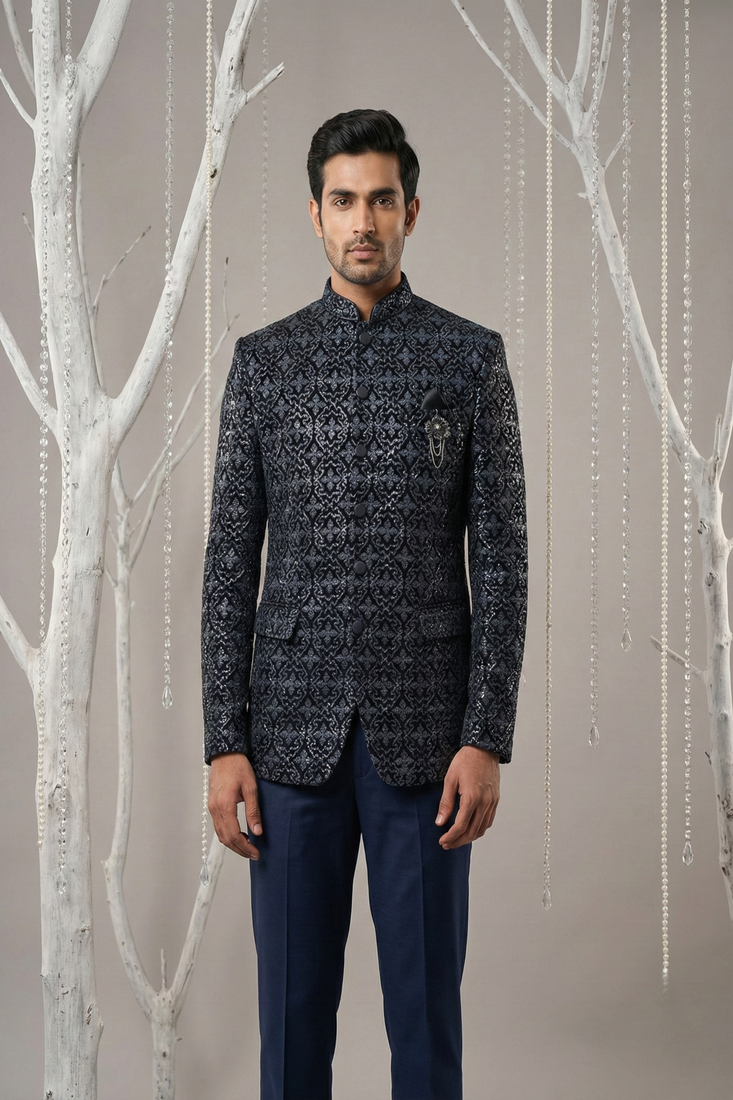 Navy thread embroidered bandhgala  on velvet
