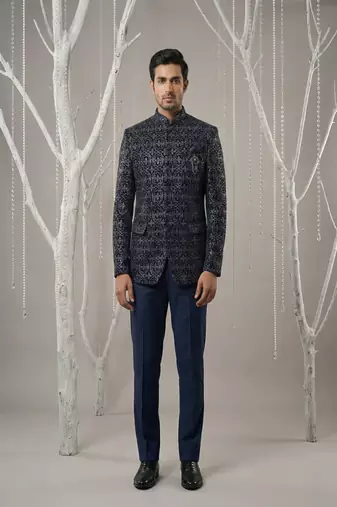 Navy thread embroidered bandhgala  on velvet